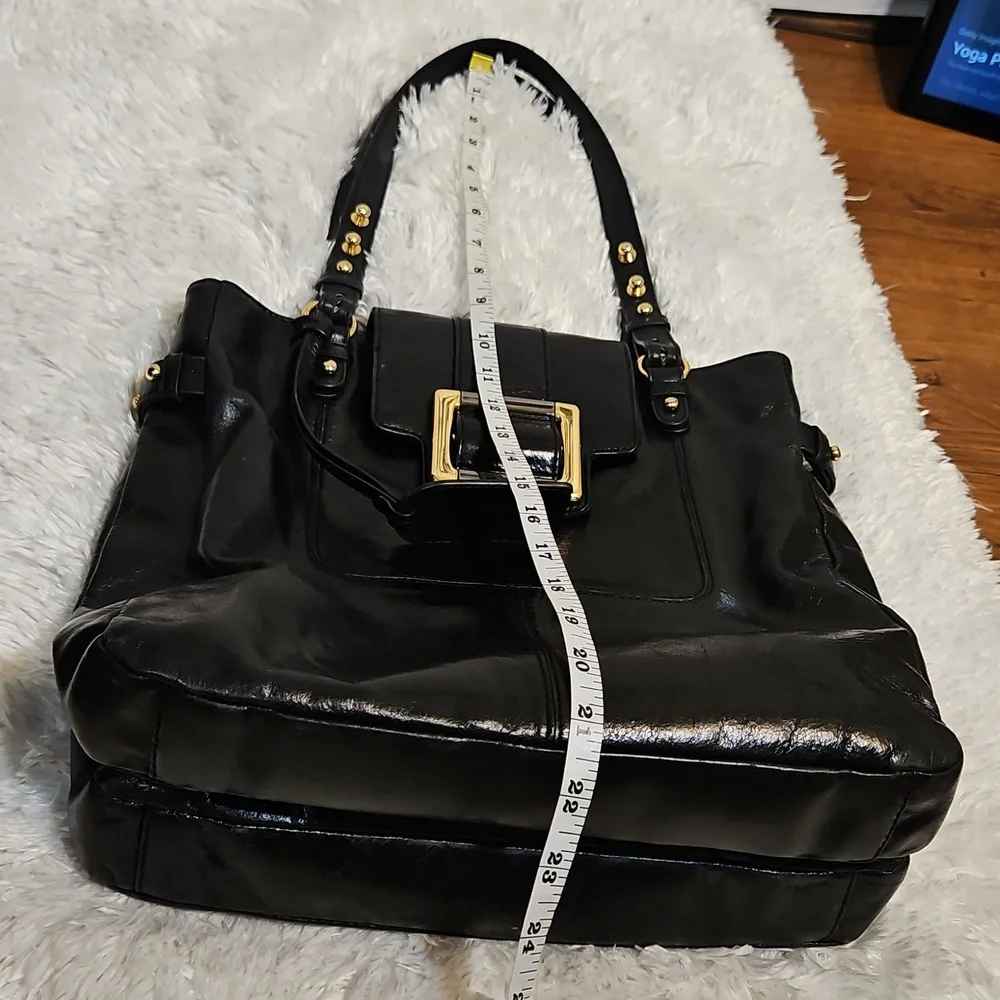 Badgley Mischka Black Patent Leather Tote Bag‎ Gold Buckle Shoulder Bag